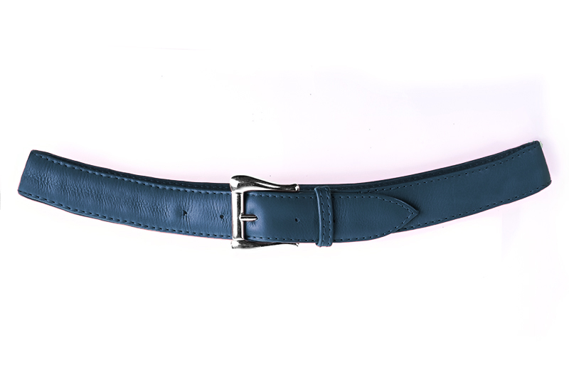 Denim blue women's dress belt, matching pumps and bags. Made to measure. Profile view - Florence KOOIJMAN